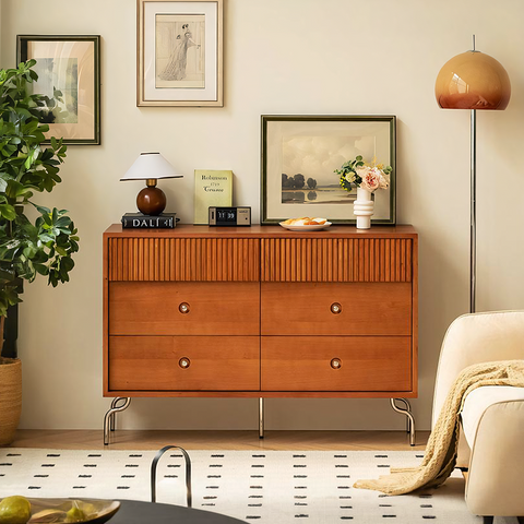 Warm-toned cherry wood una drawer sideboard with vertical slats and sleek metal legs for stylish storage