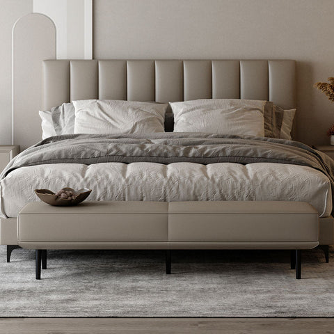 Beige tufted leather bed with gray quilt and matching undine bench in pu leather for stylish bedroom seating