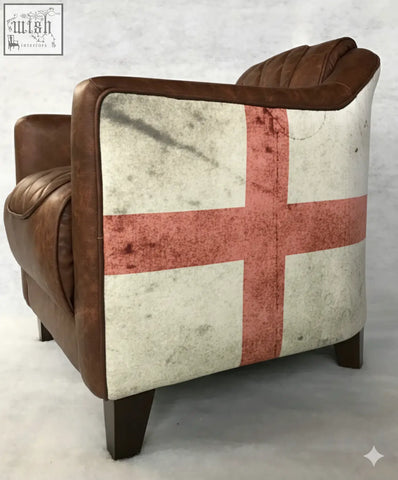 Brown leather union tub chair with distressed white and red st design perfect for cozy seating