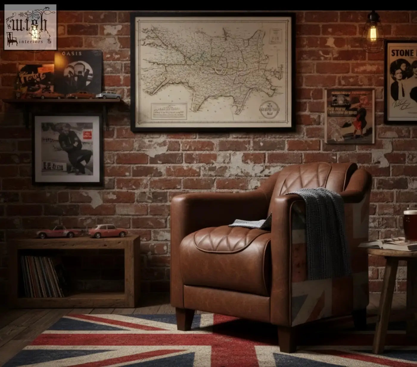 Brown leather union tub chair with quilted upholstery and union jack pattern on the side
