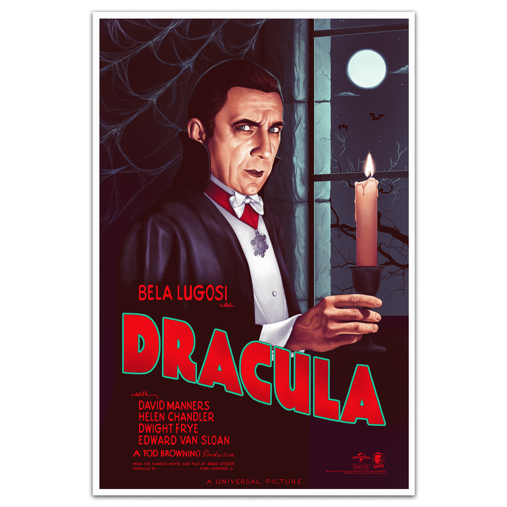 Vintage style universal monsters dracula movie poster featuring bela lugosi in acrylic glass with moonlit window design