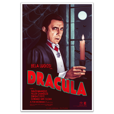 Vintage style universal monsters dracula movie poster featuring bela lugosi in acrylic glass with moonlit window design