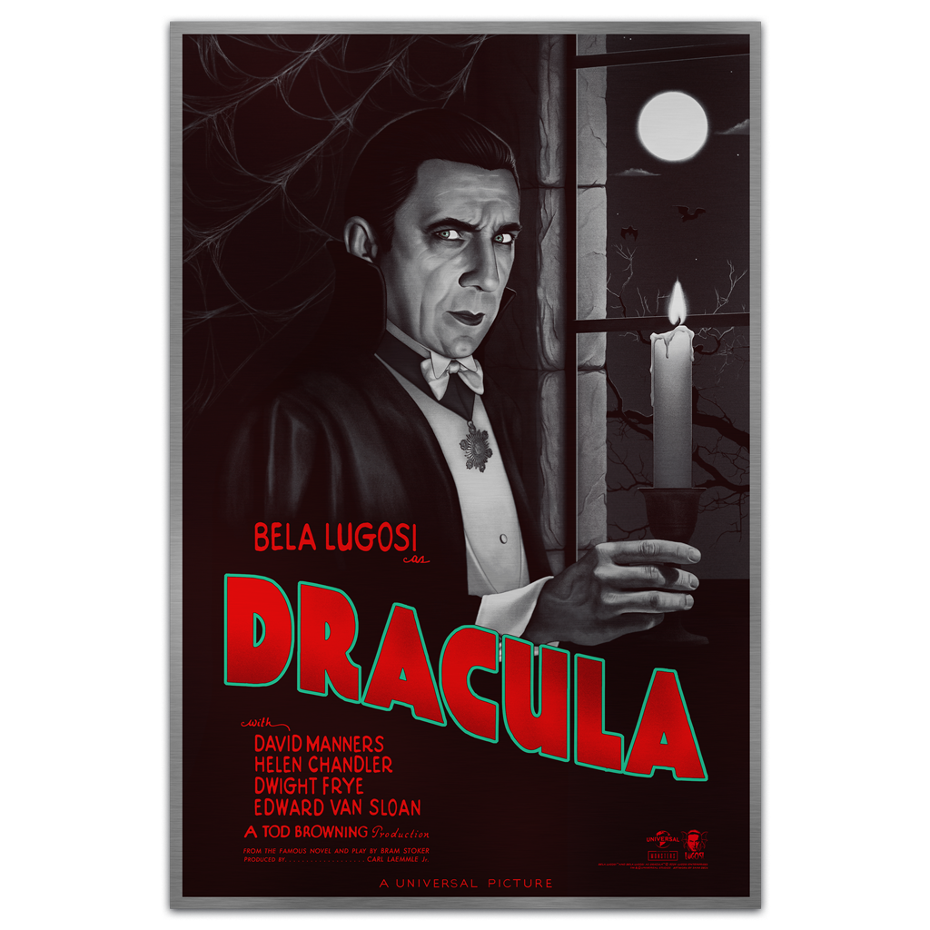 Vintage-style universal monsters dracula foil variant movie poster with bela lugosi in black and white on acrylic glass