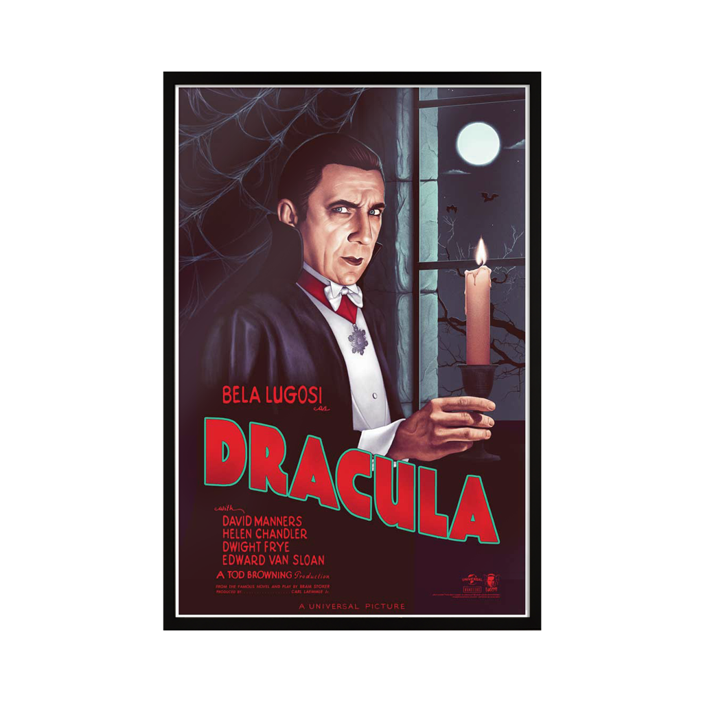 A framed universal monsters dracula movie poster featuring bela lugosi in acrylic glass with a dark moonlit design