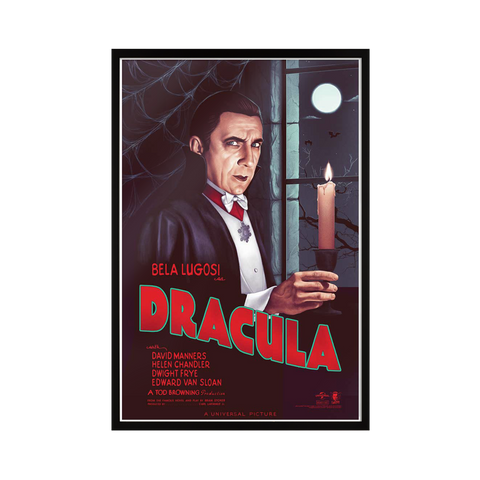 A framed universal monsters dracula movie poster featuring bela lugosi in acrylic glass with a dark moonlit design
