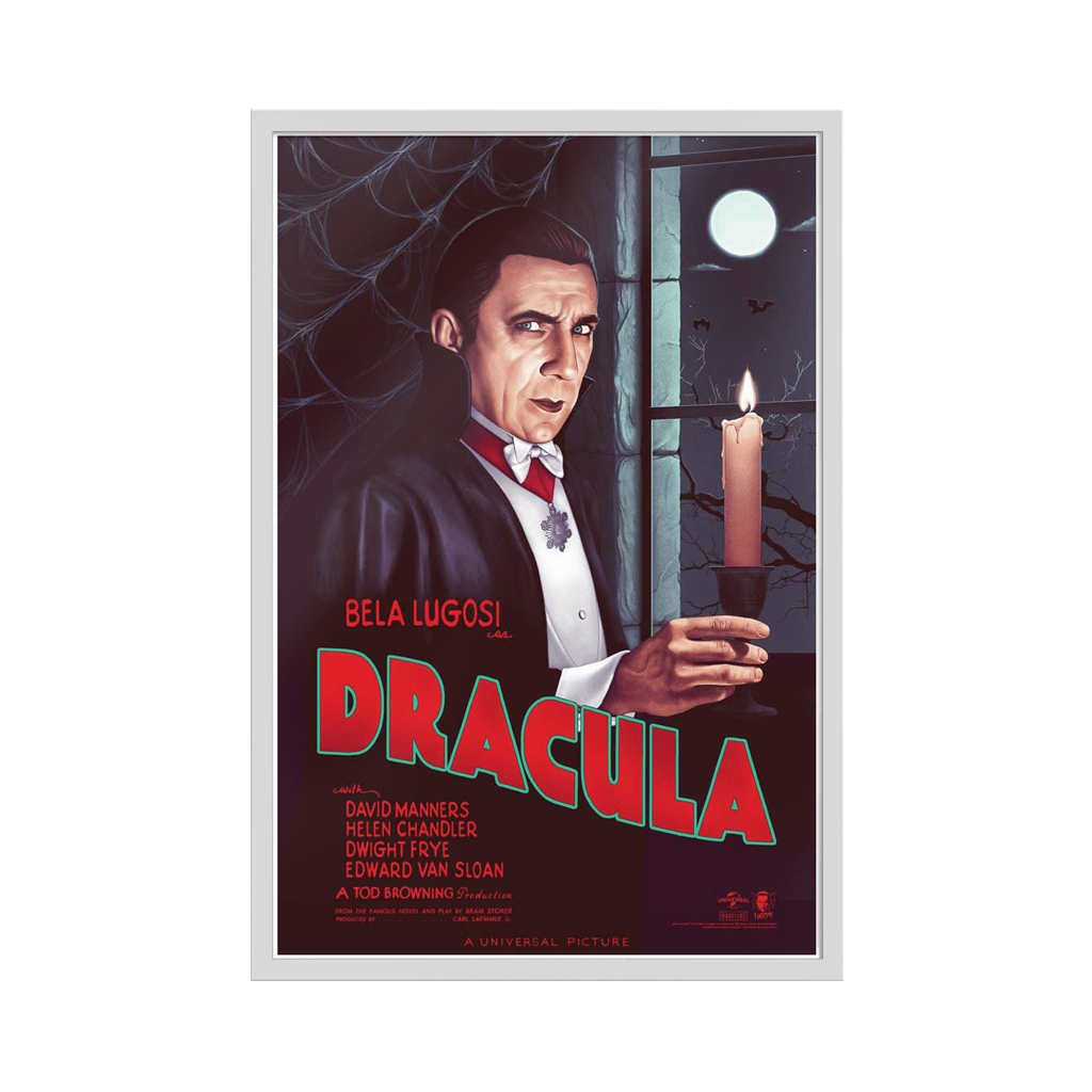 A framed universal monsters dracula movie poster featuring bela lugosi in acrylic glass with a dark suit and candle