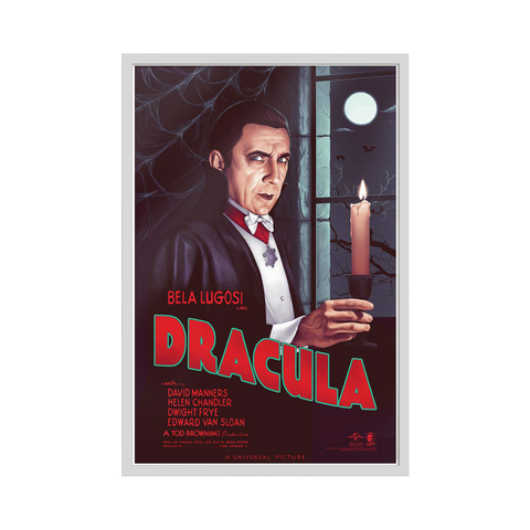 A framed universal monsters dracula movie poster featuring bela lugosi in acrylic glass with a dark suit and candle