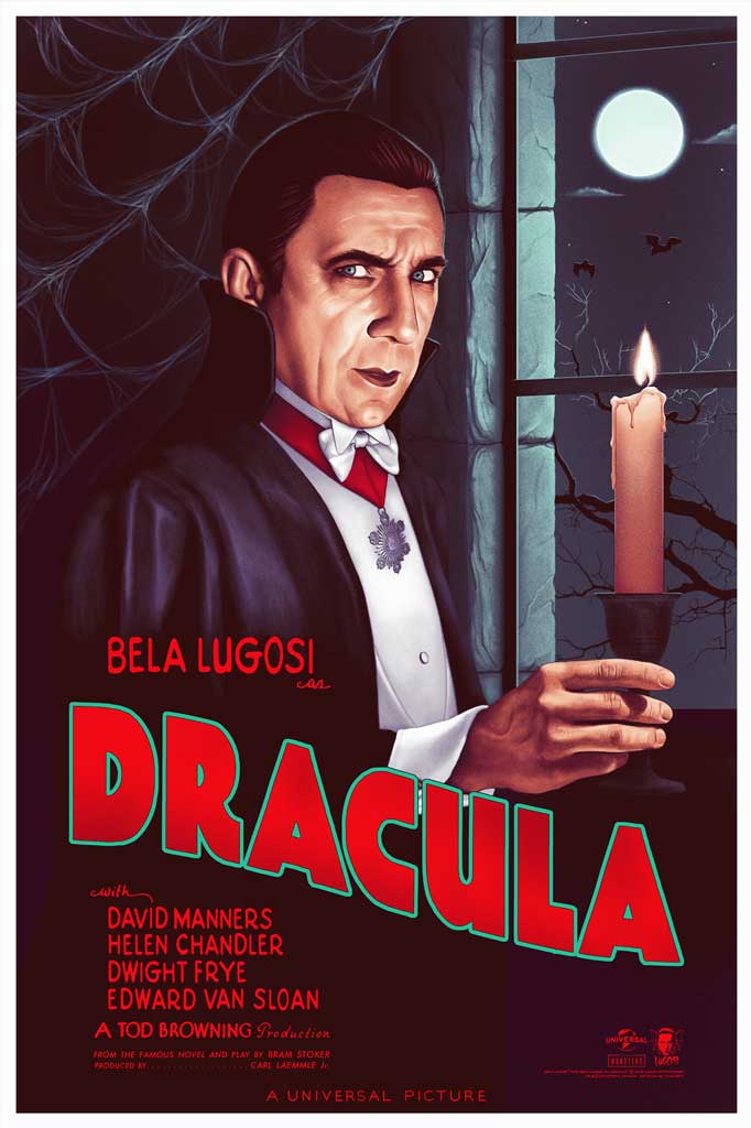 A vintage-style dracula movie poster acrylic glass print featuring bela lugosi in formal black with red cravat and white bow tie