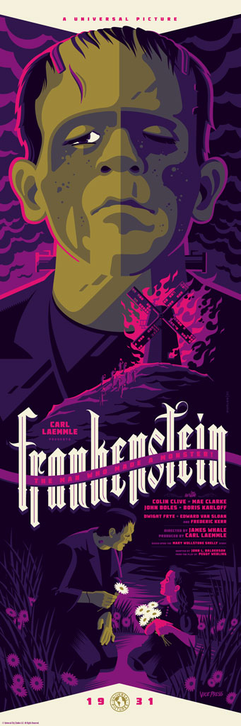 Purple and green stylized poster of frankenstein with gothic lettering from universal monsters collection