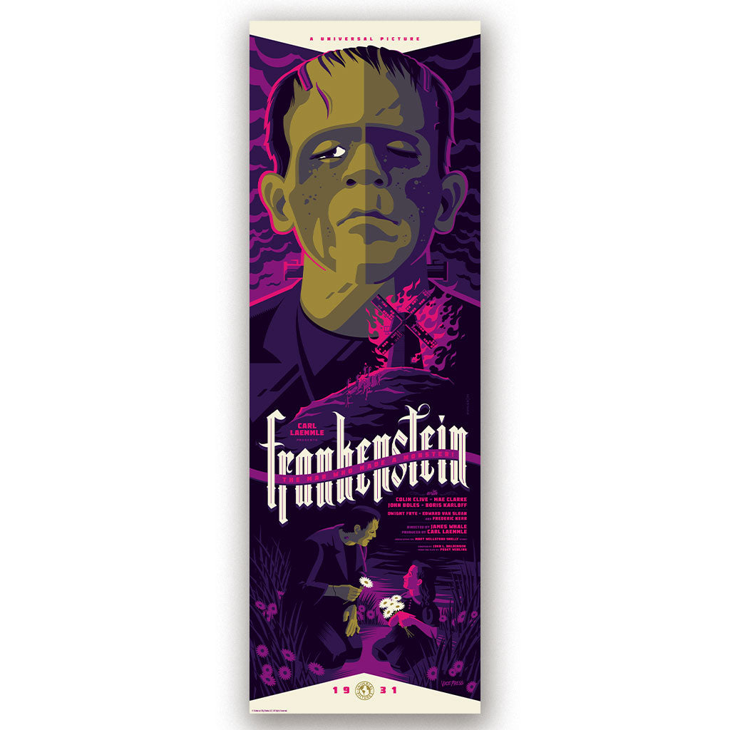 Vibrant purple and green stylized movie poster for universal monsters frankenstein with split-toned creature portrait