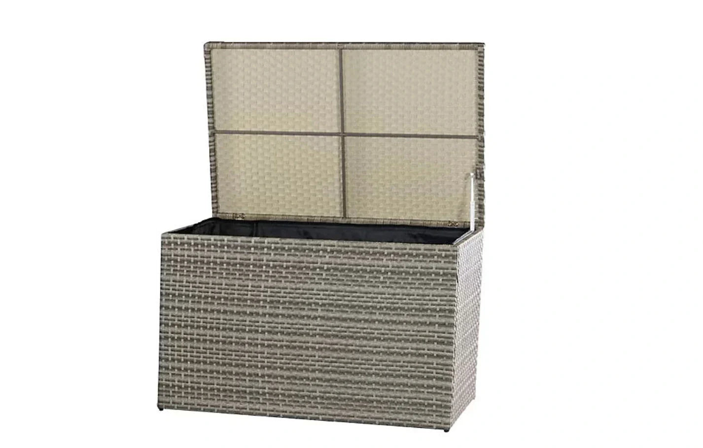 Gray and white patterned rattan cushion box with hinged lid perfect for waterproof outdoor storage bench