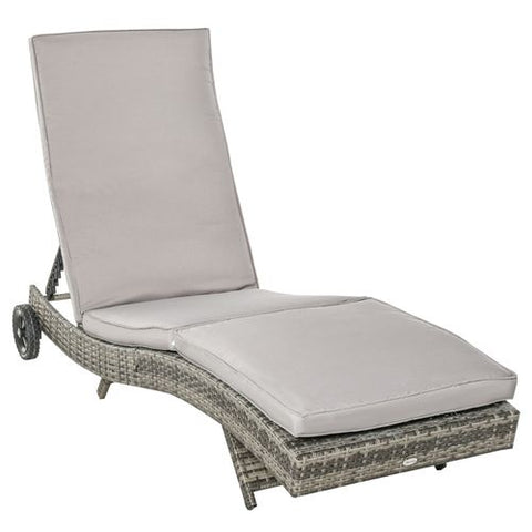 Outsunny Outdoor Reclining Lounge Chair, PE Wicker, Rolling Wheels, Grey