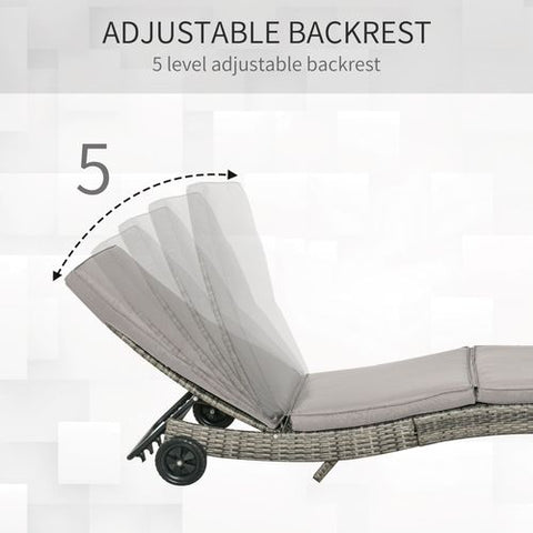 Outsunny Outdoor Reclining Lounge Chair, PE Wicker, Rolling Wheels, Grey