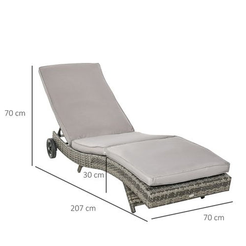 Outsunny Outdoor Reclining Lounge Chair, PE Wicker, Rolling Wheels, Grey