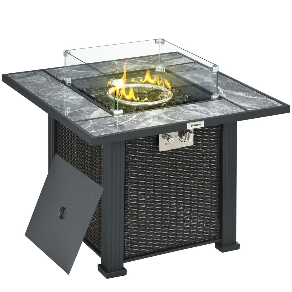 Premium Gas Fire Pit Table w/ Rain Cover & Windscreen ? Stylish Design, 50,000 BTU Powerful Burner