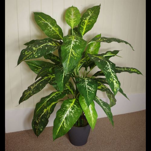 100cm Large Fox's Aglaonema (Spotted Evergreen) Tree Artificial Plant with Silver Metal Planter