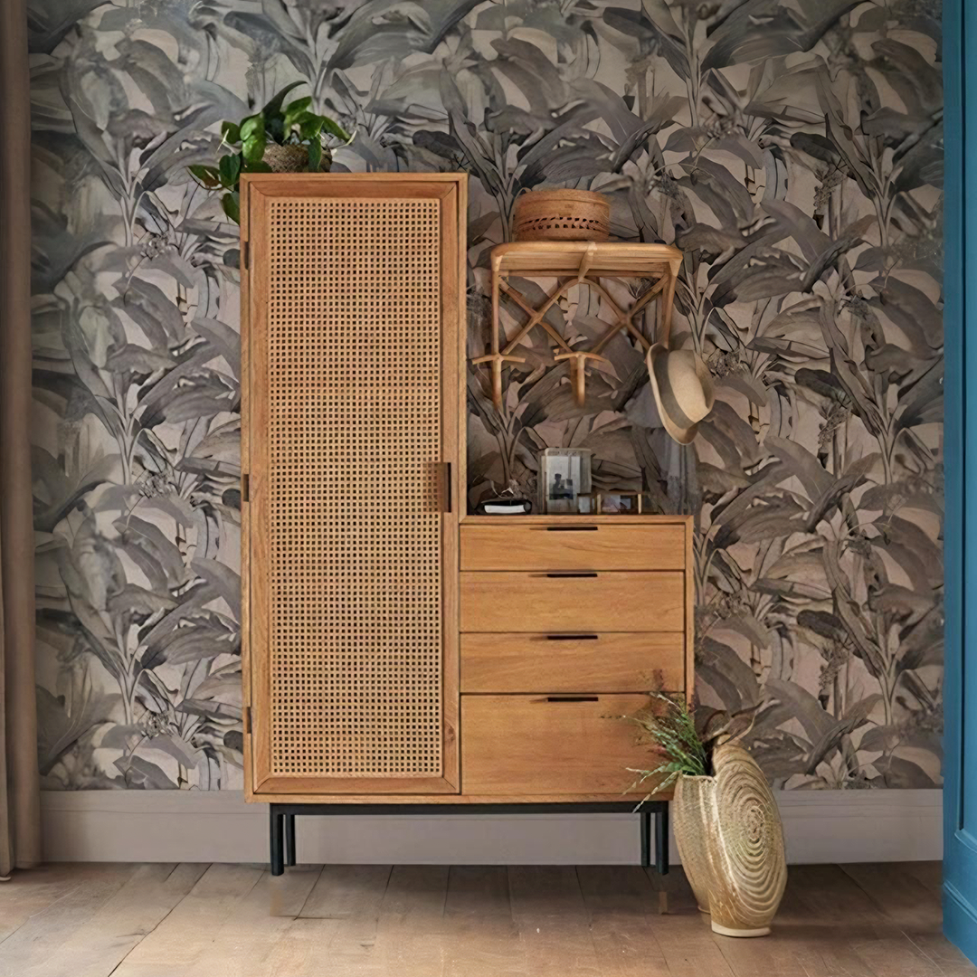 Light wood uno g4 wardrobe with cane-front drawers and black metal legs for stylish storage solution