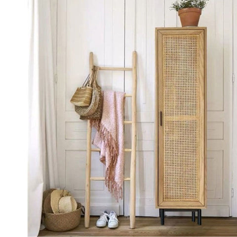 Light wood cane ladder with woven rattan accents and rustic minimalist design for uno g4 wardrobe storage