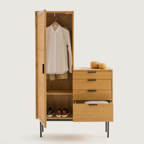 Light wood uno g4 wardrobe with woven door panels black metal legs hanging shirt compartment and three drawers