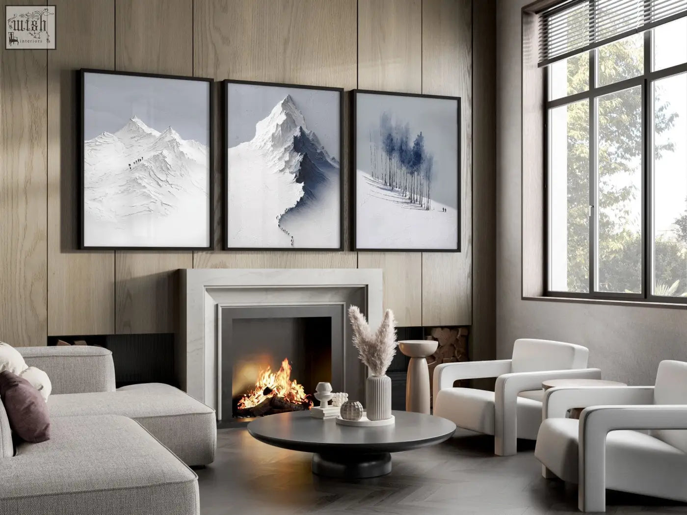 Three framed mountain landscape wall art prints in grey white and blue with minimalist black frames for living room decor