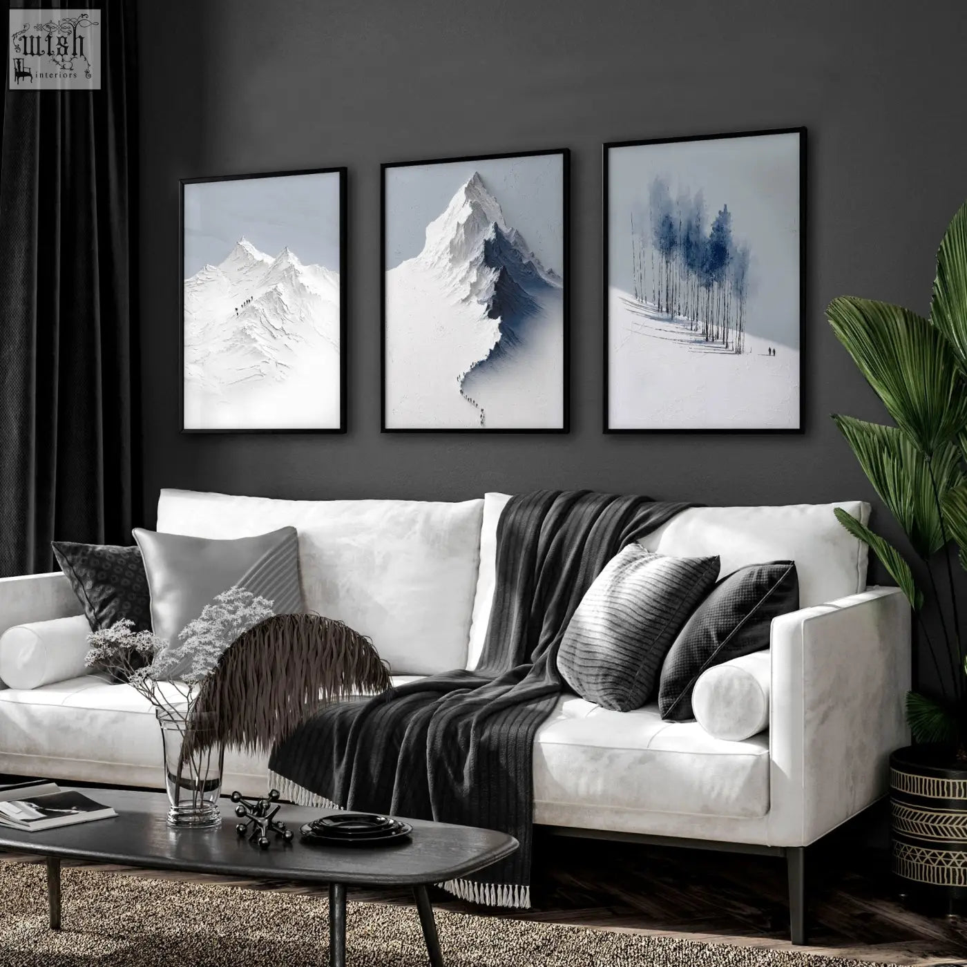 Three framed scandi nordic mountain landscape wall art prints in grey white and blue for living room decor