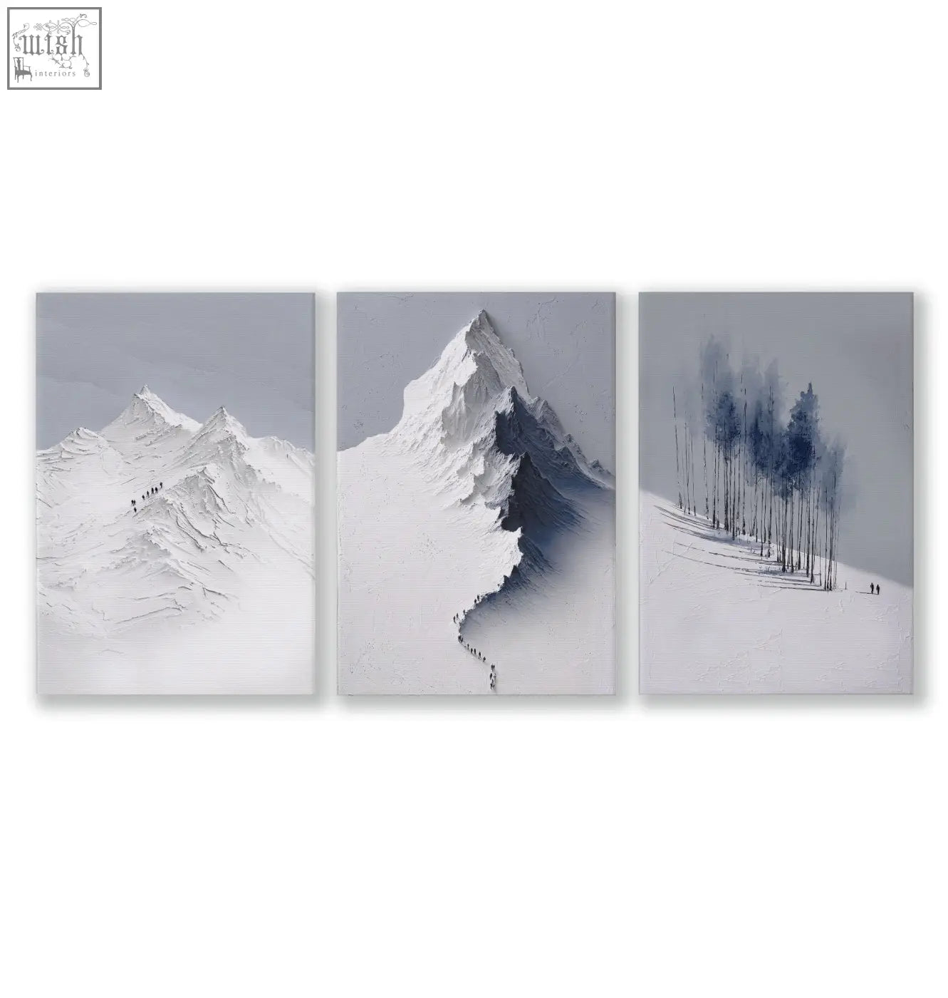 Set of 3 minimalist mountain landscape wall art canvases in soft grayscale with blue accents for living room decor