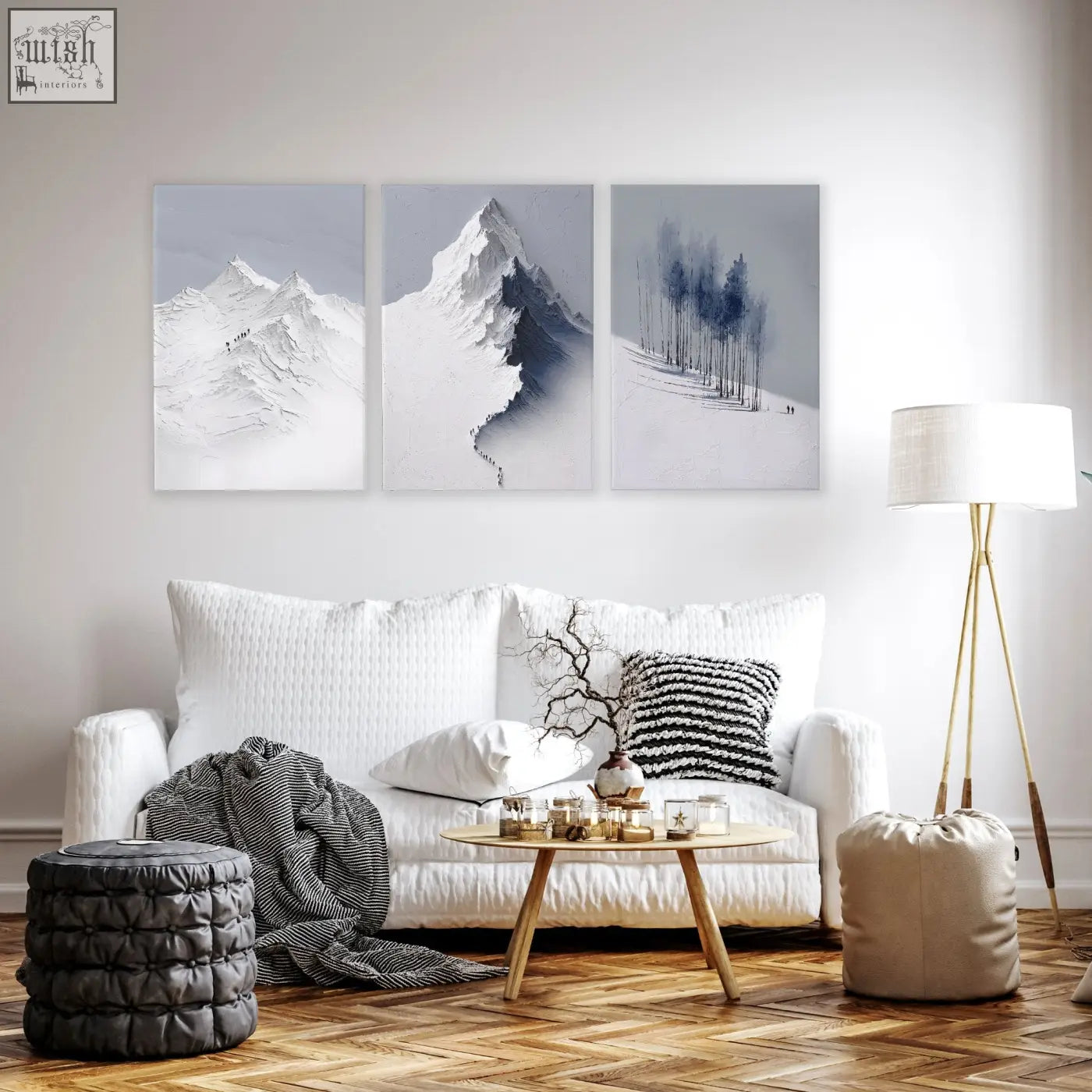 Set of three minimalist mountain landscape wall art panels in white gray and navy blue for living room decor