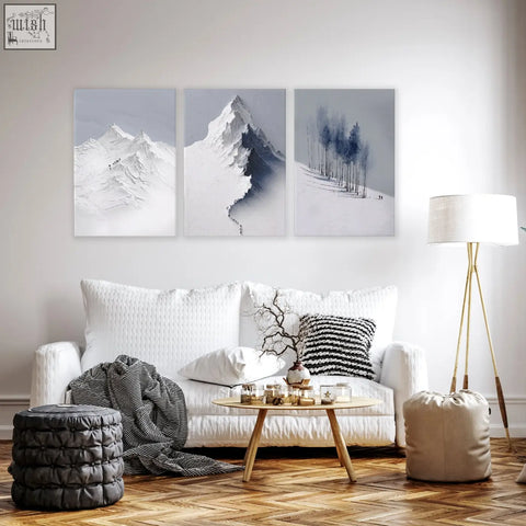 Set of three minimalist mountain landscape wall art panels in white gray and navy blue for living room decor