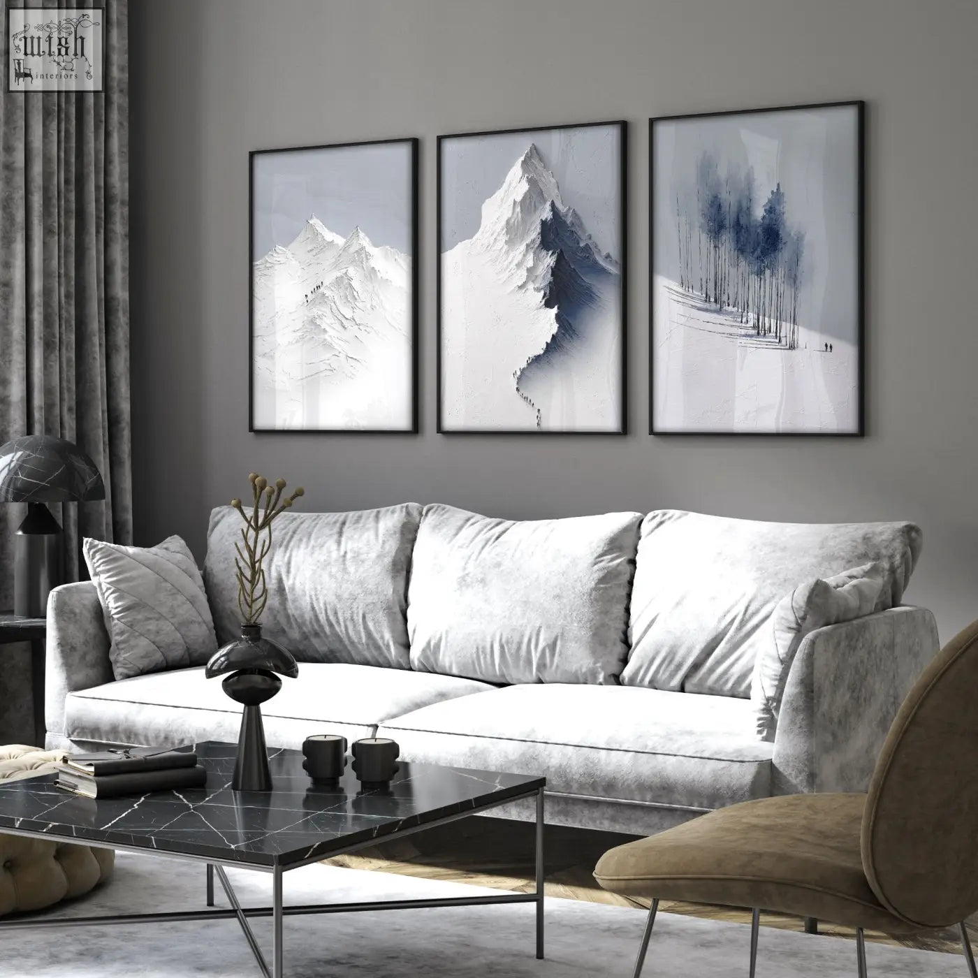 Gray velvet sofa with plush cushions next to unusual scandi nordic mountain landscape wall art for living room