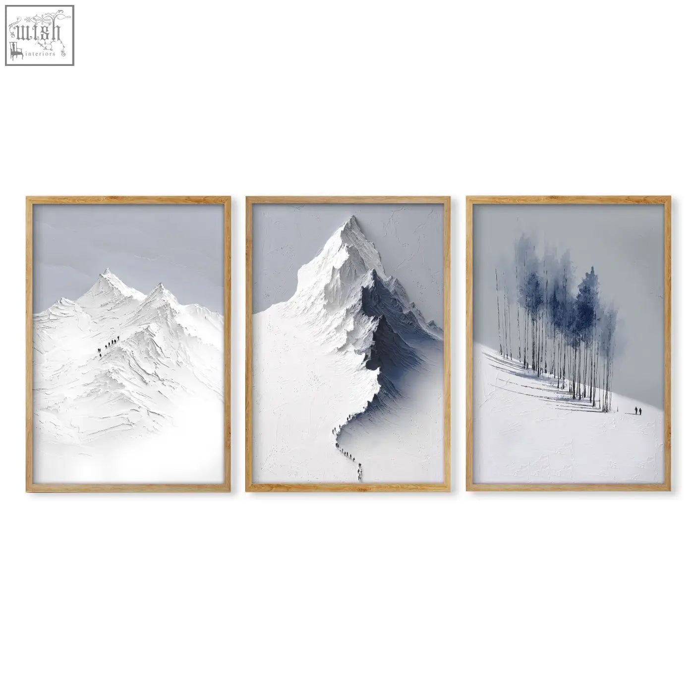 Set of three minimalist mountain landscape wall art prints in grey white blue with light wood frames for living room