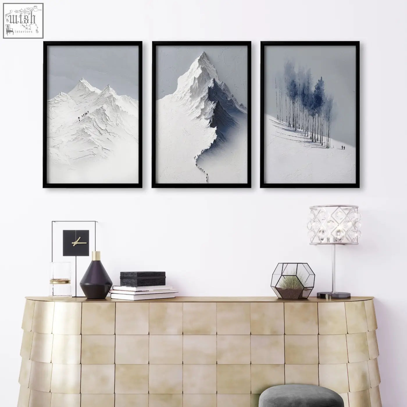 Three black-framed minimalist mountain landscape wall art prints in grey white and blue perfect for living room decor