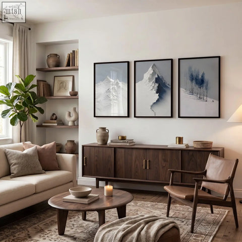 Three framed scandi nordic mountain landscape wall art prints in muted blue white and gray above dark wood sideboard in living room