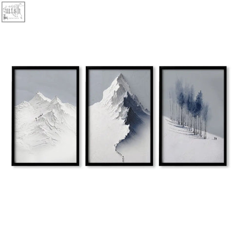 Set of three minimalist black-framed mountain landscape wall art prints in grey white and blue for living room decor