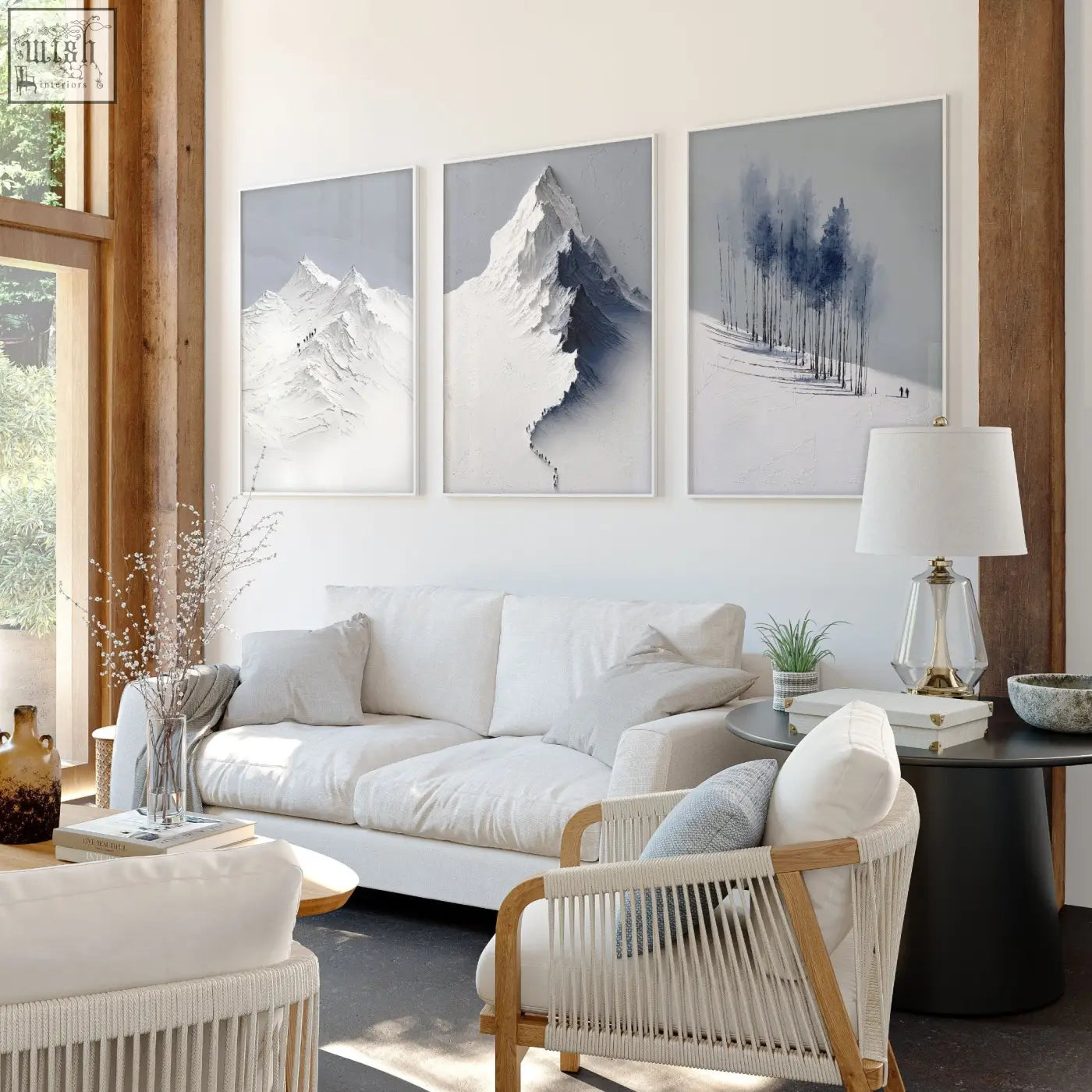Three framed abstract mountain landscape wall art prints in grey white and blue for living room decor