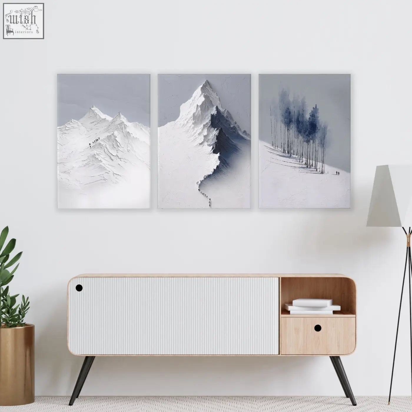 Set of 3 minimalist mountain landscape wall art with white gray snowscapes and blue tree silhouettes for living room decor