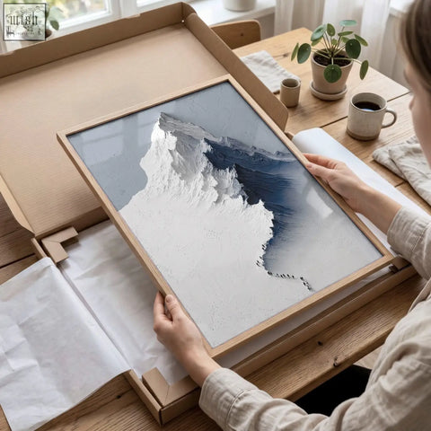 Minimalist framed wall art set of 3 featuring textured abstract mountain landscape in white and deep blue for living room