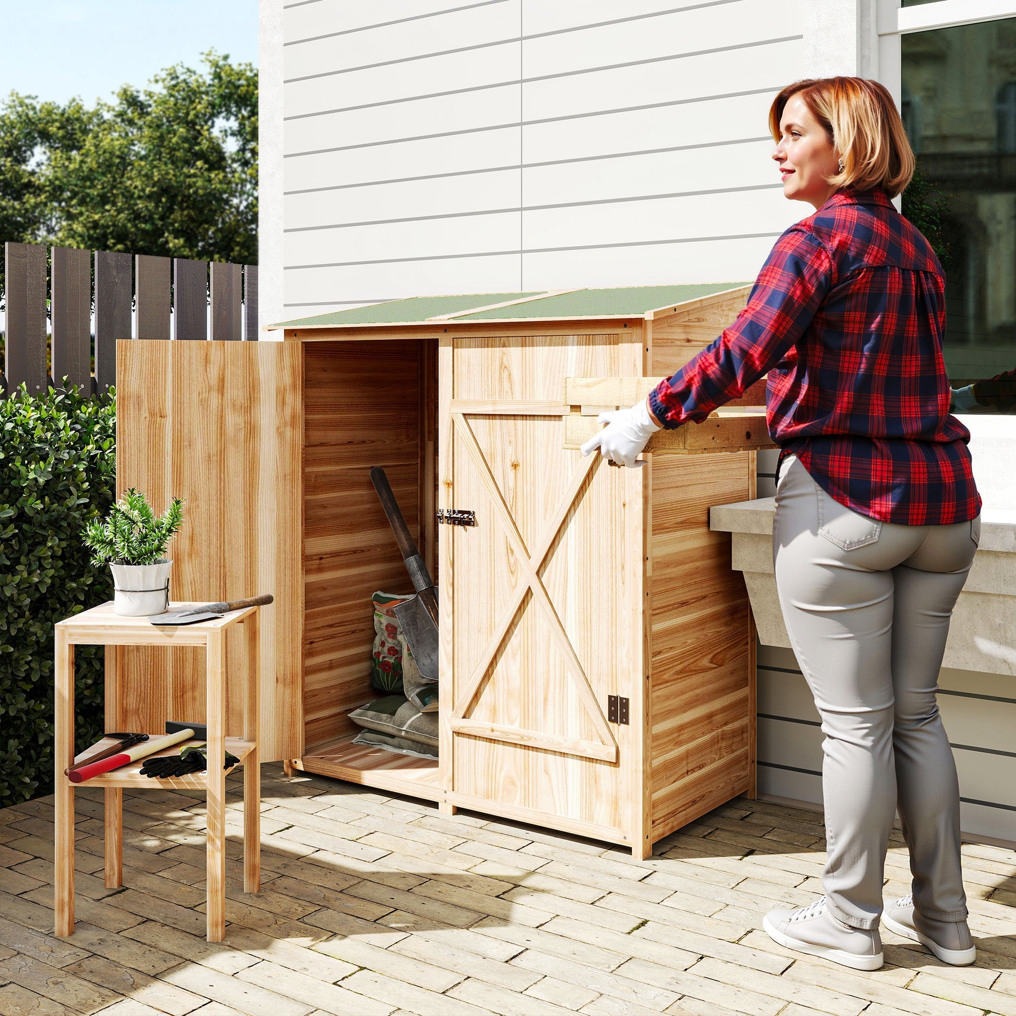Outsunny 140 x 75 Fir Wood Garden Shed, with Asphalt Roof - Natural