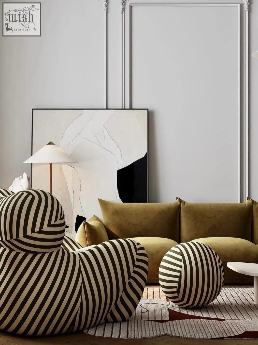Up50 armchair lounge chair with bold black and cream stripes and a rounded sculptural design