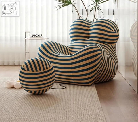 Up50 armchair lounge chair with plush organic shape and bold navy cream striped soft fabric upholstery