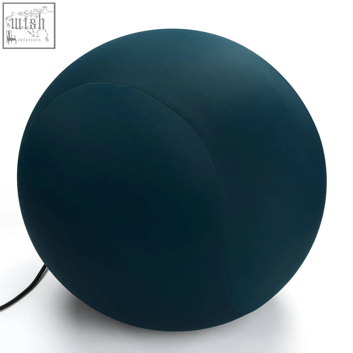 Dark teal spherical ottoman with smooth fabric and subtle seam, part of up50 armchair lounge chair set blue and red