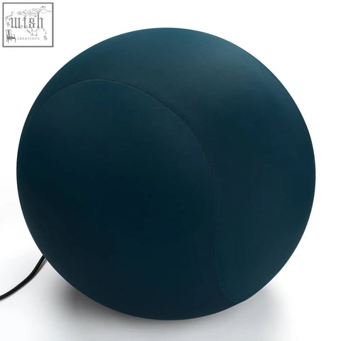 Dark teal spherical ottoman with smooth fabric and subtle seam, part of up50 armchair lounge chair set blue and red