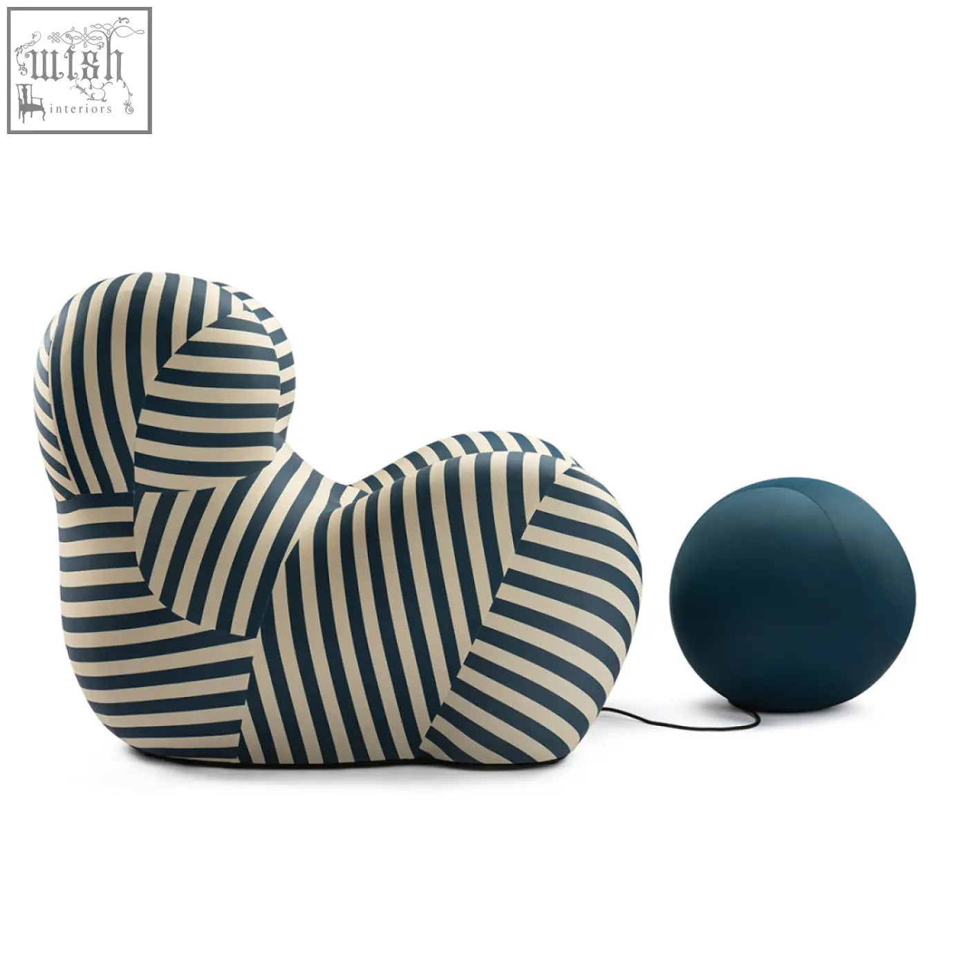 Navy and cream striped up50 armchair lounge chair with rounded organic form and matching ball stool in blue and red