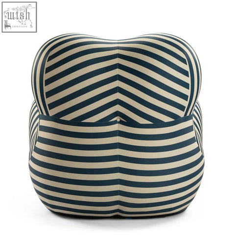 Up50 armchair lounge chair in navy blue and cream chevron fabric with plush cloud shape and ball stool in blue and red