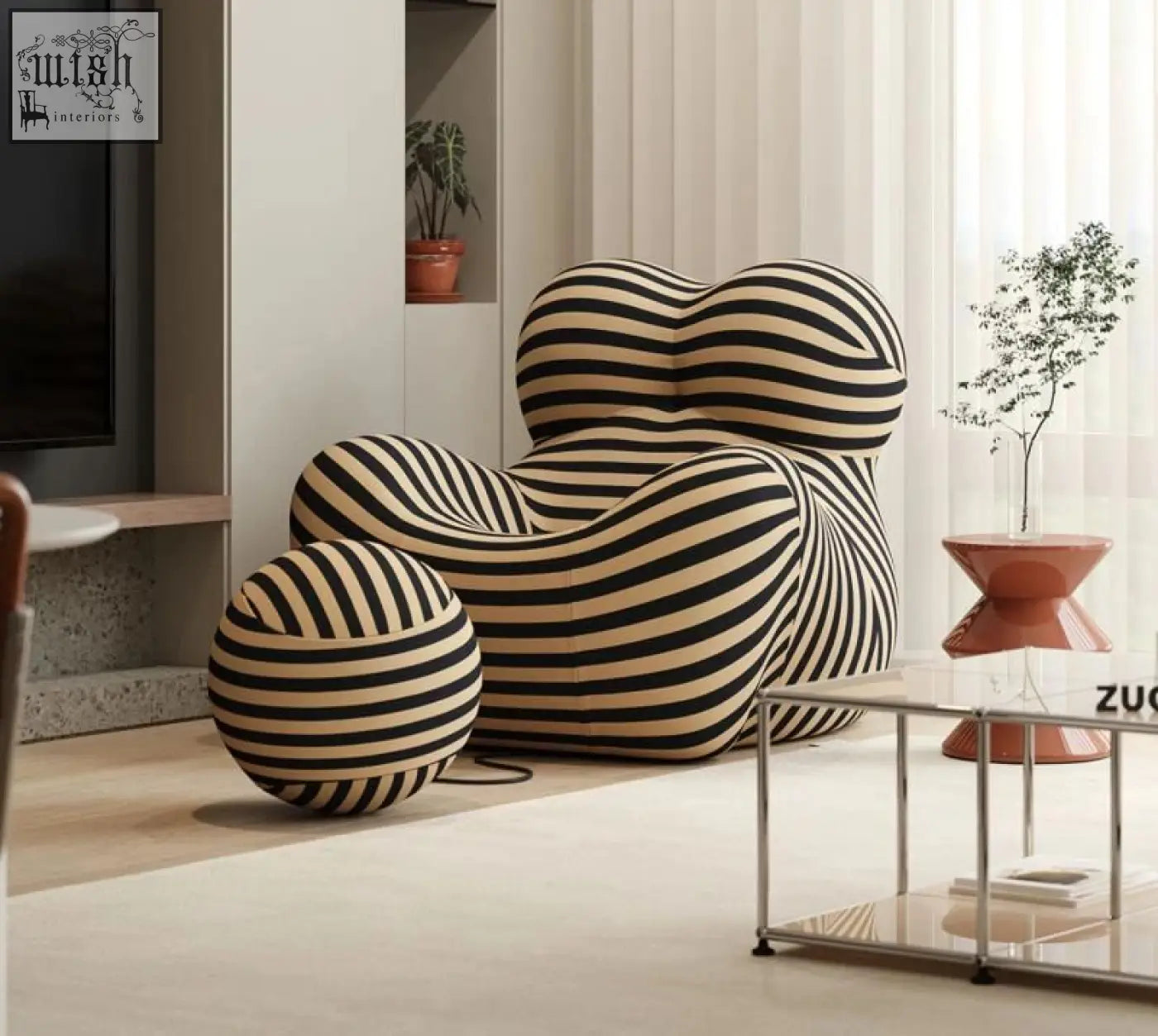 Up50 armchair lounge chair with plush organic shape in bold black and cream stripes with matching ball stool