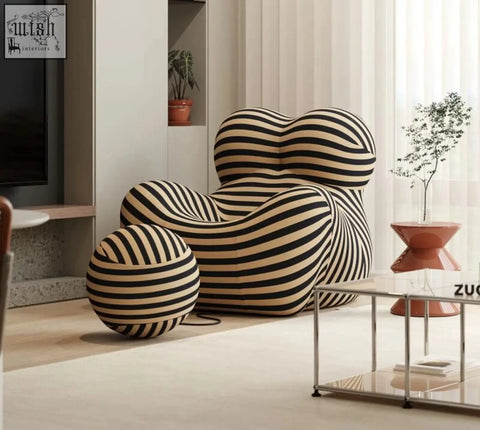 Up50 armchair lounge chair with plush organic shape in bold black and cream stripes with matching ball stool