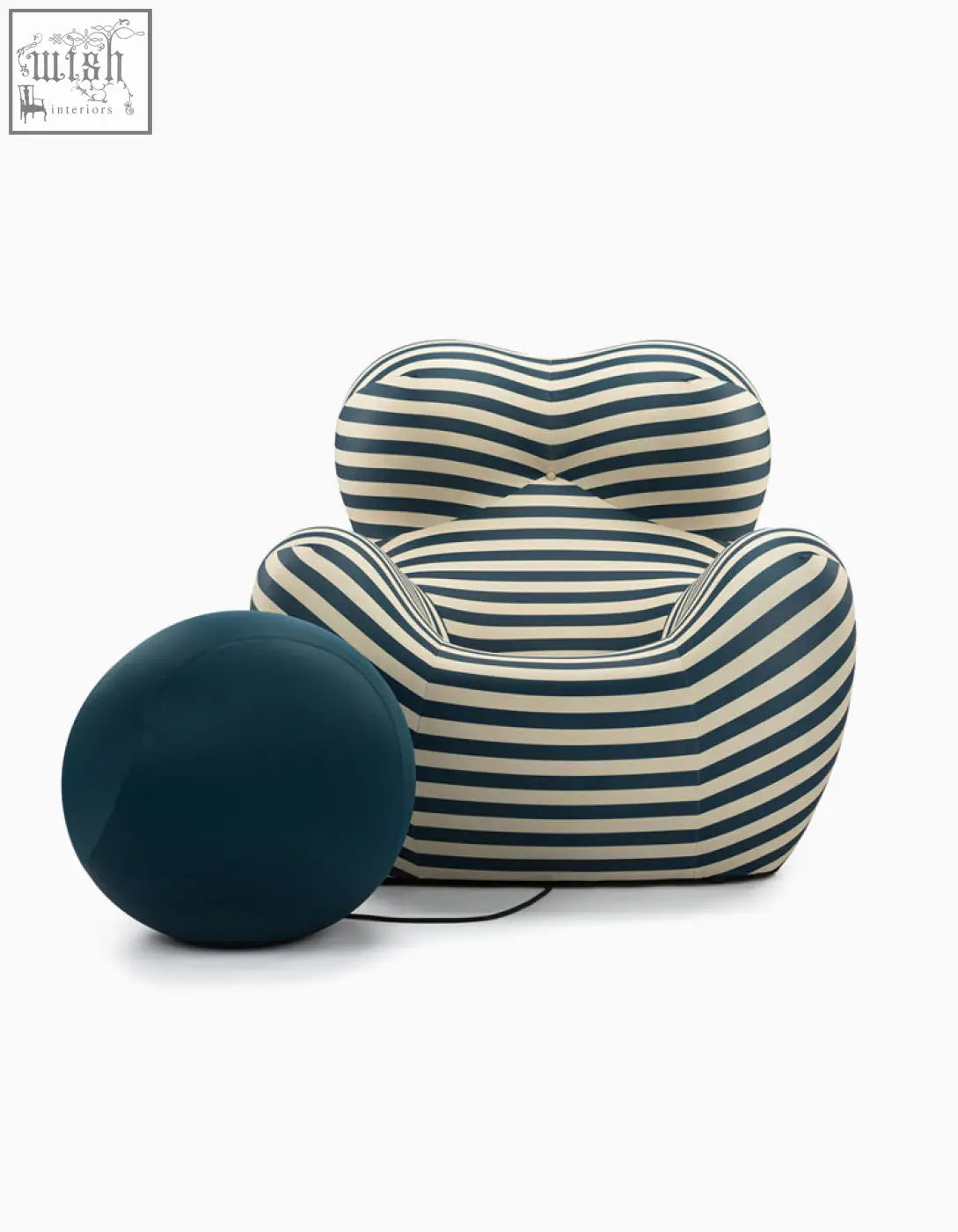 Striped navy and cream up50 armchair with a rounded plush design and matching ball stool perfect as a lounge chair