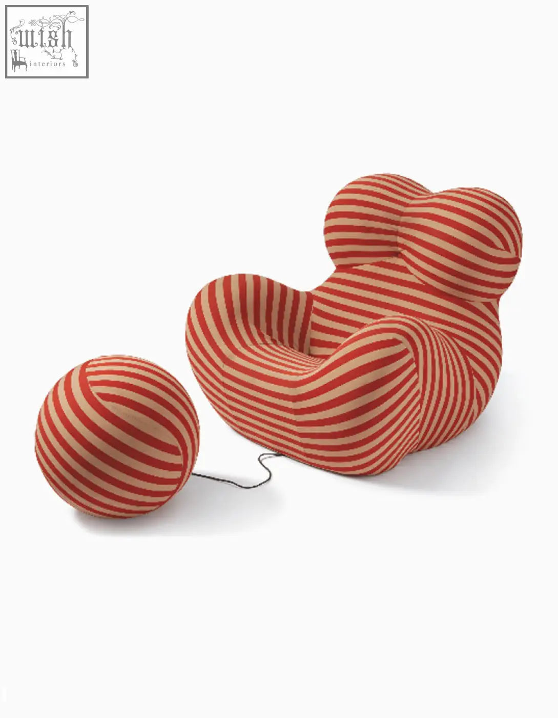 Up50 armchair with a ball stool in red and beige stripes upholstered in soft fabric inspired by b&b italia style