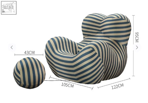 Up50 armchair with ball stool in b&b italia style featuring plush blue and cream striped upholstery