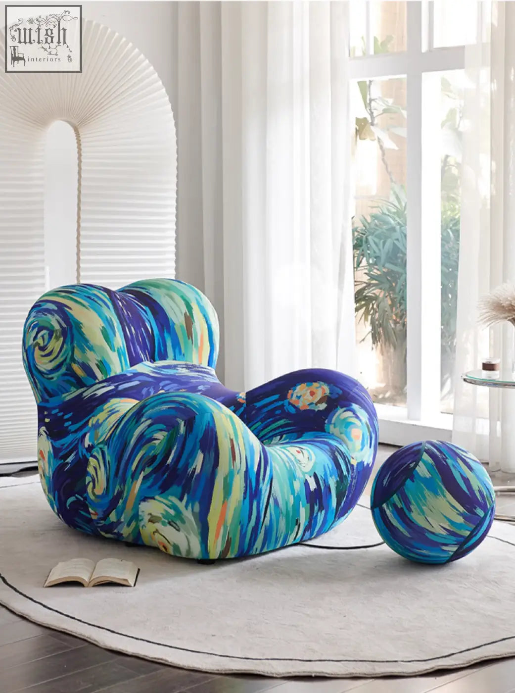 Up50 armchair and ball stool in b&b italia style featuring vibrant blue and green starry night swirl pattern