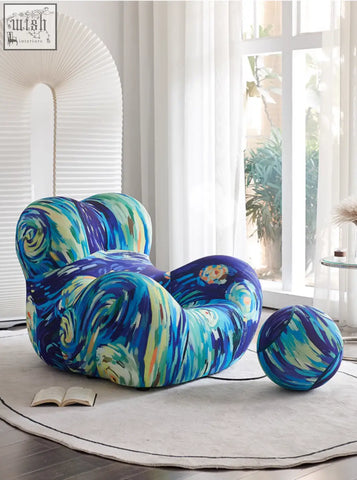 Up50 armchair and ball stool in b&b italia style featuring vibrant blue and green starry night swirl pattern